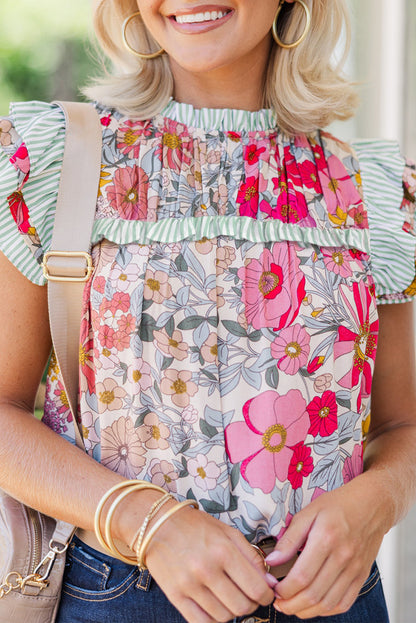 Pink Floral Print Contrast Ruffle Trim Short Sleeve Blouse