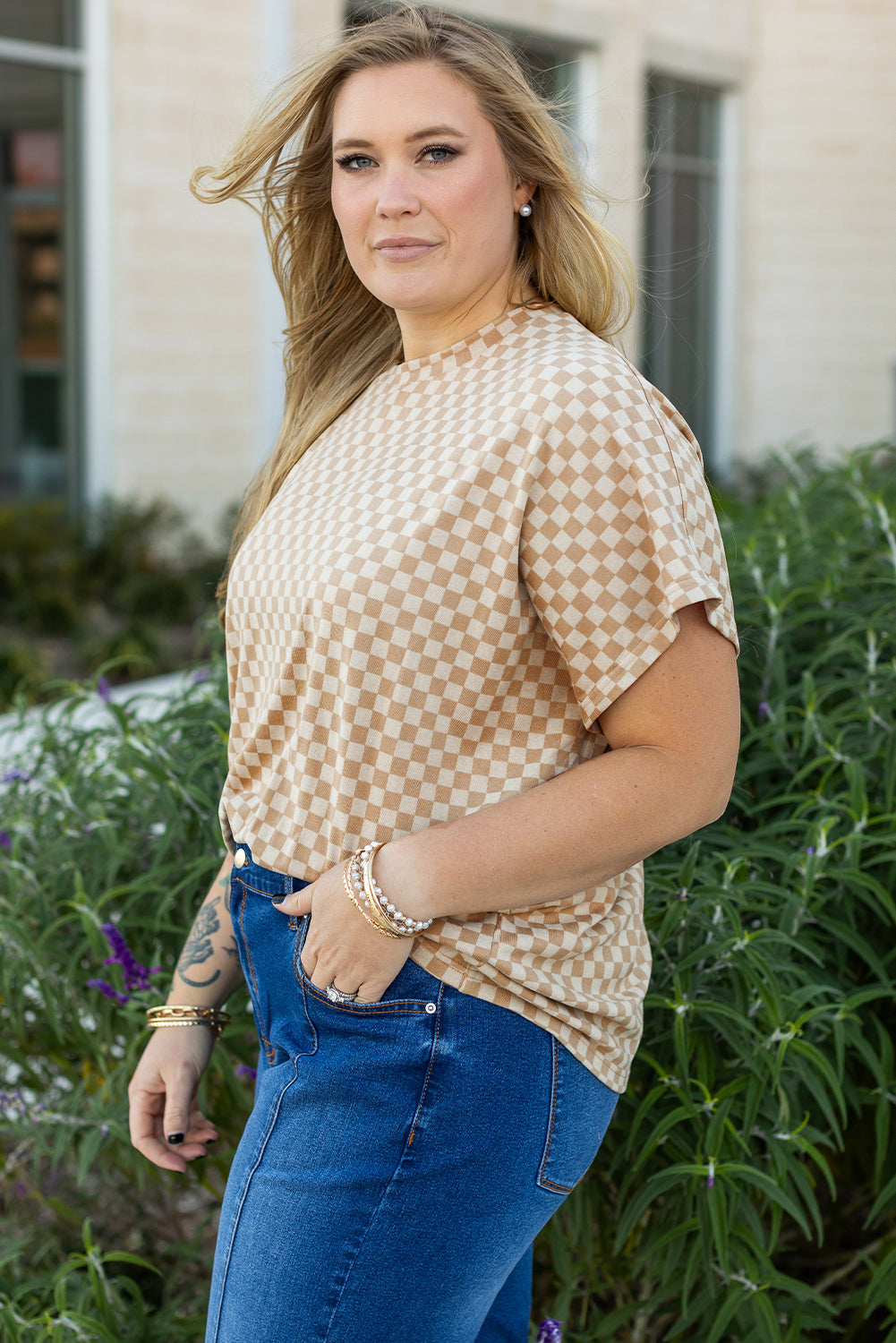 Khaki Checkerboard Short Batwing Sleeve Round Neck Plus Size T Shirt