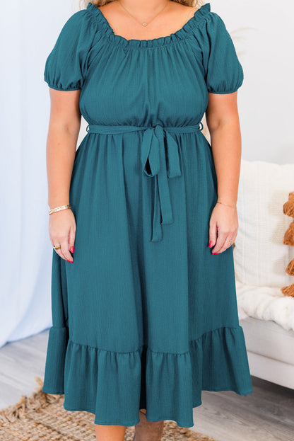 Skobeloff Frilled U Neck Puff Sleeve Belted Ruffle Hem Plus Size Midi Dress