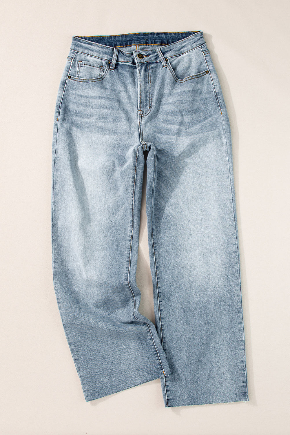 Light Blue Acid Wash Raw Edge Straight Jeans