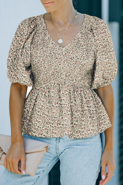 Floral Print Puff Sleeve Smocked Top