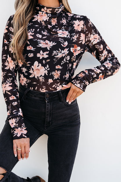 Black Floral Mesh Mock Neck Long Sleeve Slim Fit Top